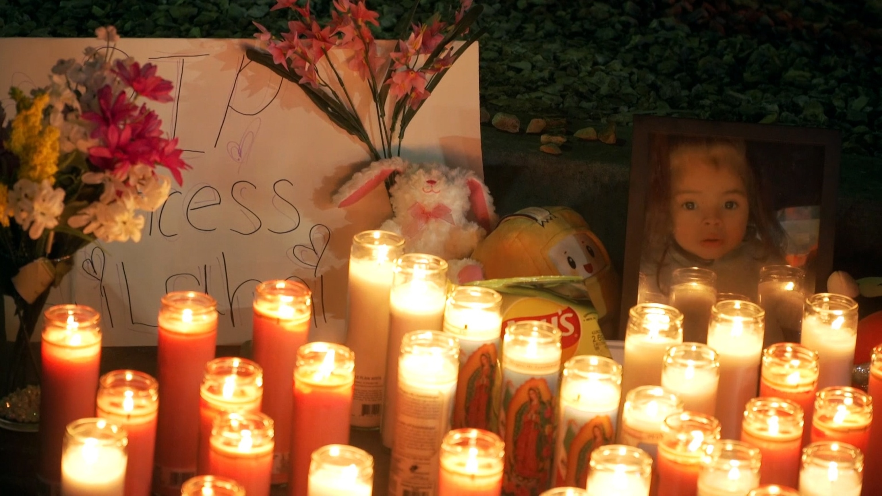 PHOTO: A memorial to 2-year-old Ailahni Sanchez Martinez can be seen at a gas station in Woodland, California, after she was fatally struck by a truck on March 16, 2024.