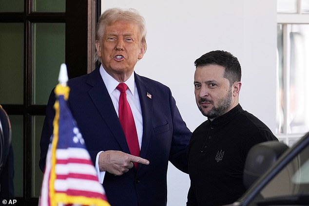 President Donald Trump welcomes Ukraine President Volodymyr Zelensky at the White House in Washington.
