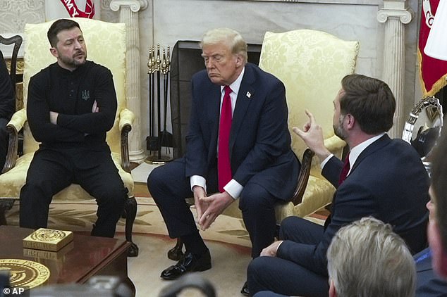 Vice President JD Vance, right, speaks with Ukrainian President Volodymyr Zelensky.